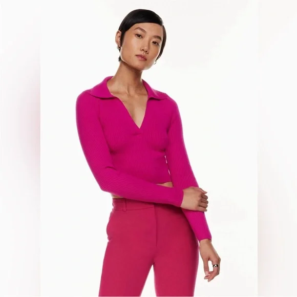 Babaton | S | Sculpt Knit Polo Longsleeve in Fushia - Picture 2 of 7